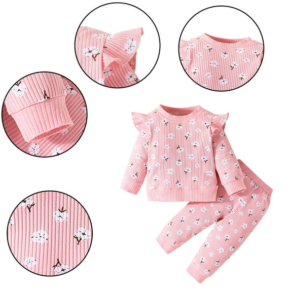 Godderr 3M-24M Baby Newborn Girls Round Neck Printed Sweatshirt T-Shirt Autumn Winter Trousers Pants Infant Outfits Set