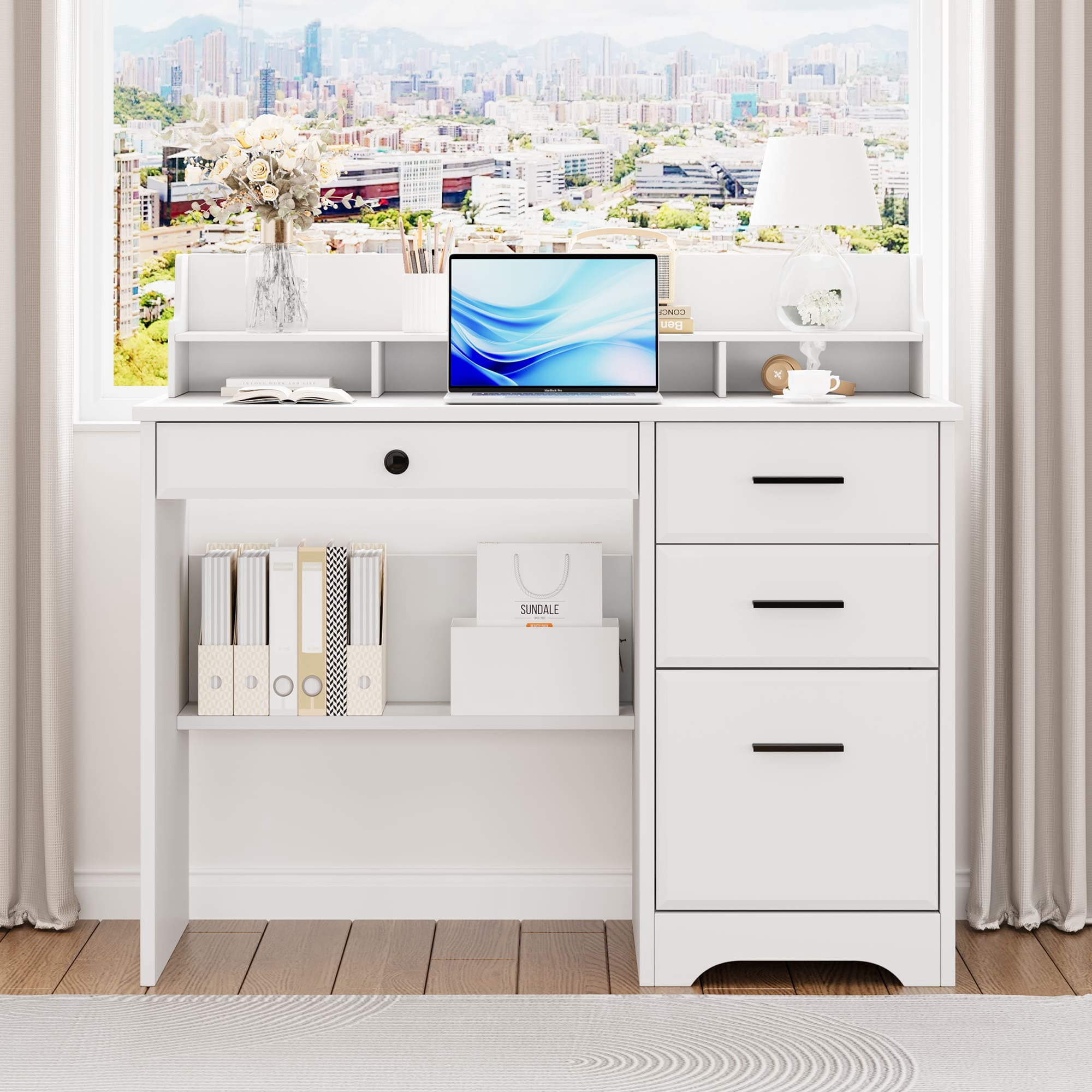 4 EVER WINNER White Home Office Computer Desk with 4 Drawers & Hutch, Modern Wood Study Writing Table for Bedroom, Home Office Furniture with Ample Storage Space