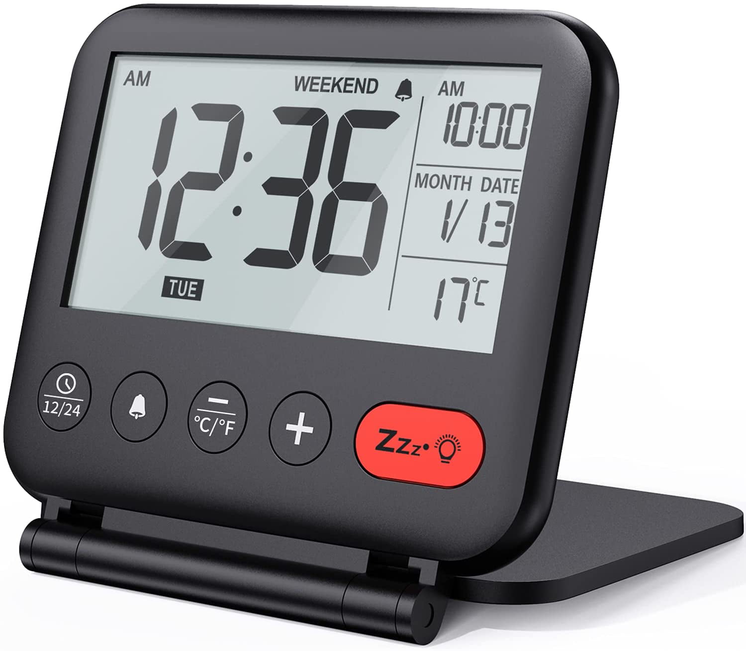 Folding Travel Clock Ultra Thin Mini Digital Alarm Clock LCD Display Snooze Temperature Calendar Function For Office Travel Black 