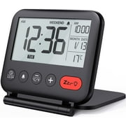 Mini réveil numérique - petit réveil de voyage moderne avec affichage de la température, date, écran LCD, répétition et rétroéclairage, horloge de table à piles pour réveil de voyage pliable (noir)