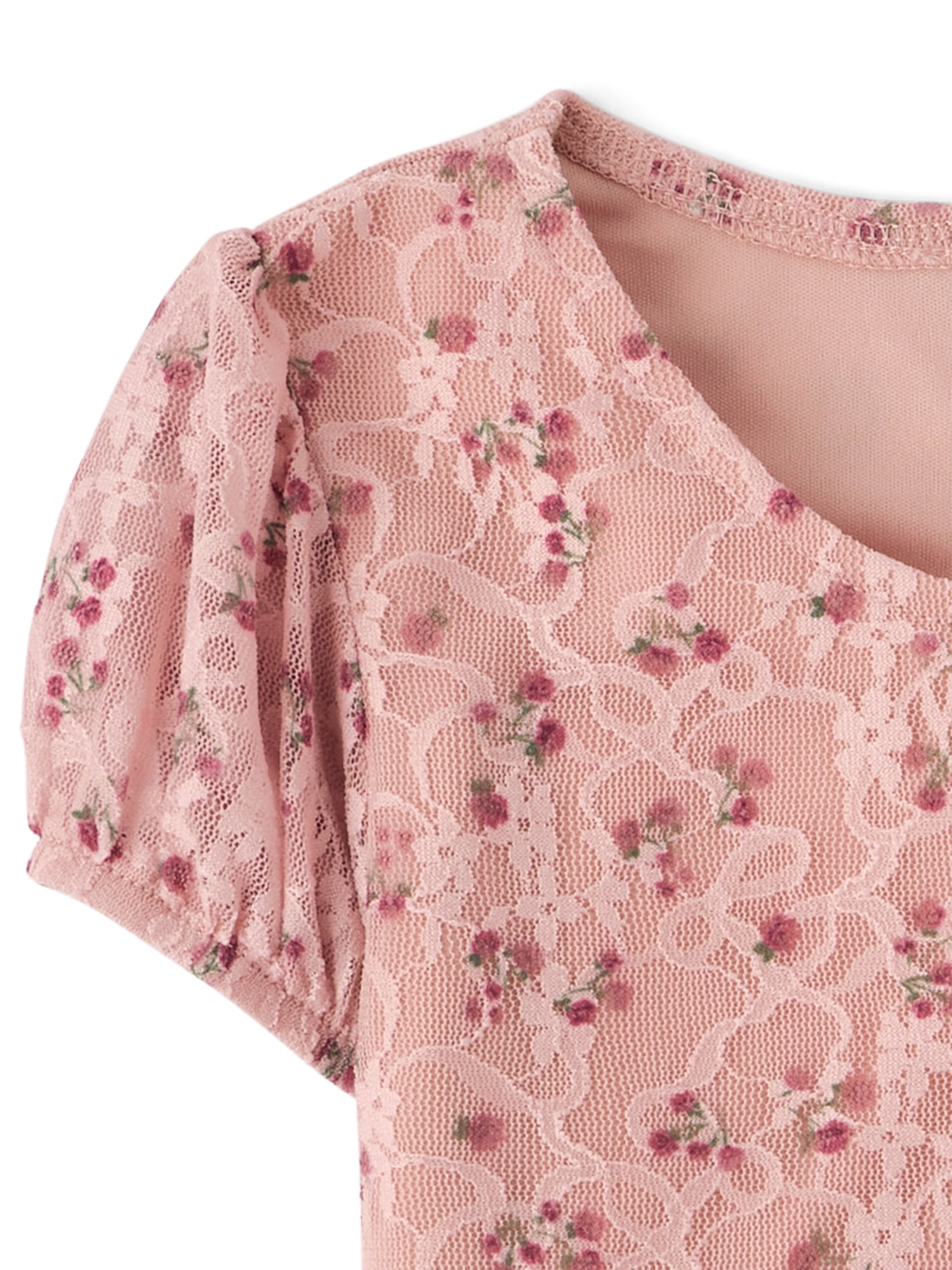 The Children's Place Girls Short Puff Sleeve Floral Lace Hanky Hem Top, Sizes XS-XXL