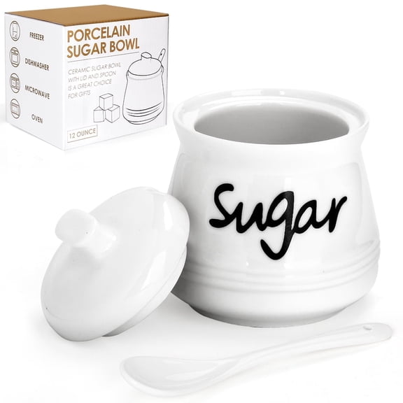 Quyimy Porcelain Sugar Bowl 12 fl oz with Lid and Spoon Ceramic Sugar Jar Dispenser Container(White)
