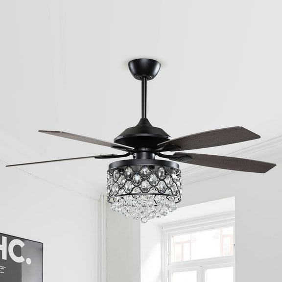 52 Inch Remote Control Ceiling Fan with Lights Reversible 5 Blades Modern Crystal Chandelier Fan, Warm Light 4 Edison Bulbs Not Included, Black
