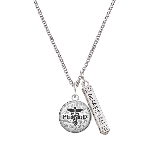 Delight Jewelry Silvertone Domed Black PharmD Silvertone Guardian Angel Bar Charm Necklace, 23"