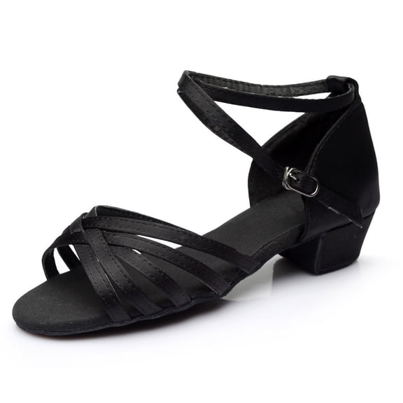 VNKIDY Girls Kids Solid Color Sandals With Crisscross Straps Buckle Ankle Strap Suede Insole Medium Heel Breathable Latin Dance Shoes For Daily Wear Black 10-11 Years