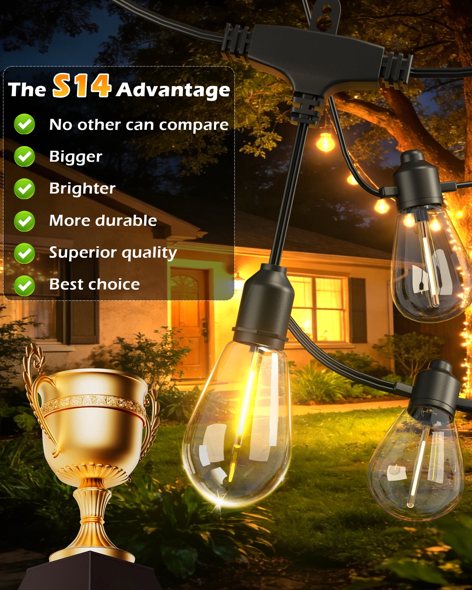 BeatiNeon Outdoor String Lights, 48 Feet S14 LED Patio Lights with 16 Edison Plastic Bulbs(1 Spare), Waterproof Connectable Hanging Lights for Backyard Porch Balcony Party Decor,E26 Socket Base
