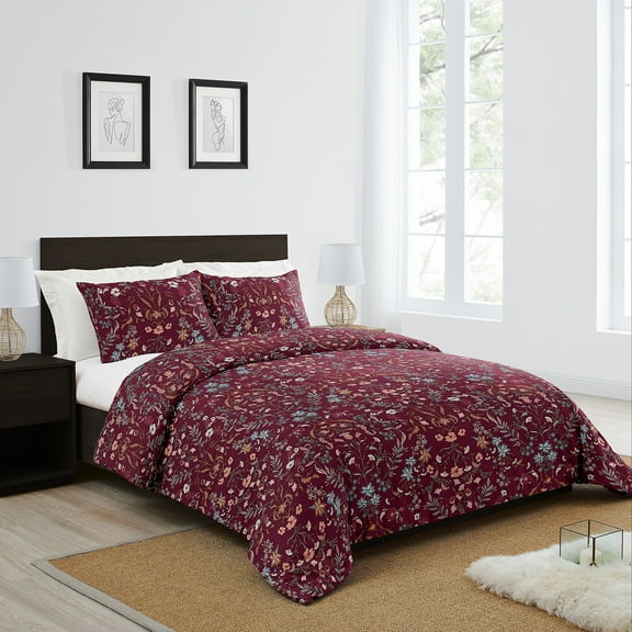 Sweet Jojo Designs Boho Floral Wildflower Burgundy Red and Orange Girl Queen Duvet Cover Bedding Set 3 Piece Set