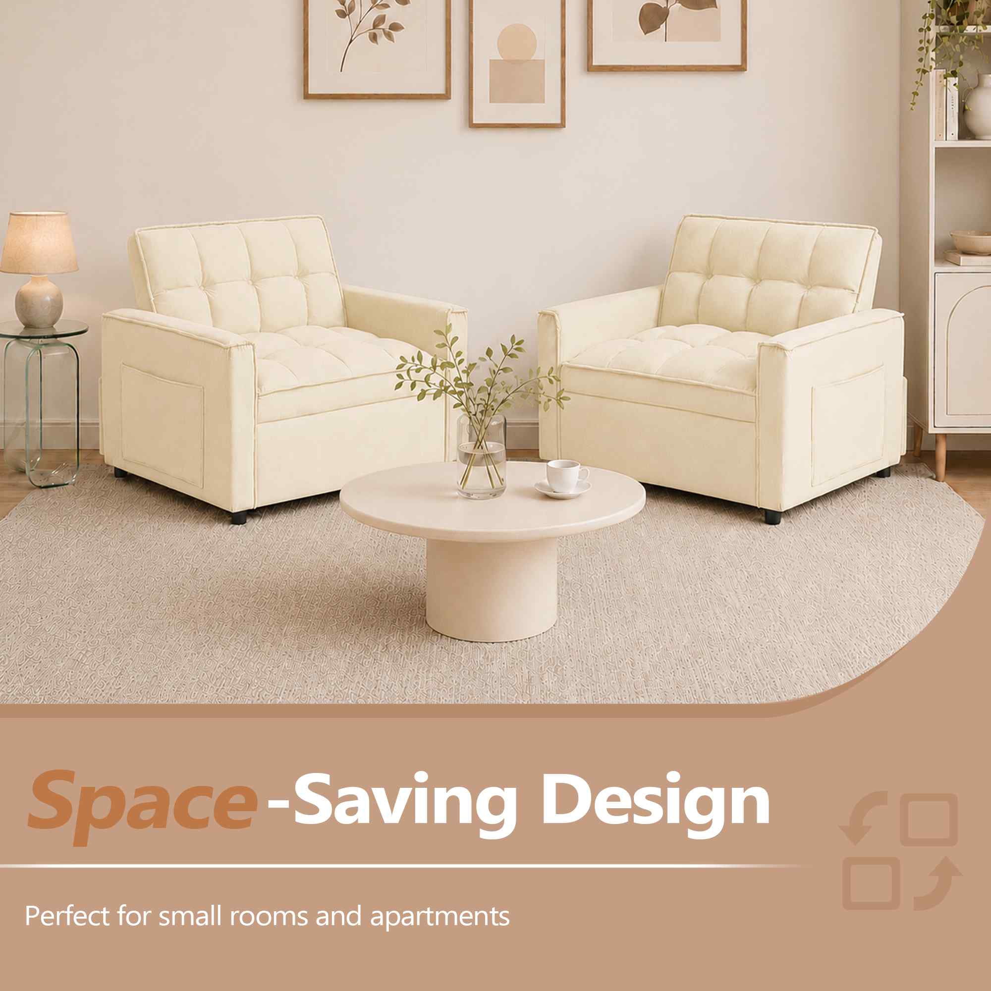 FFH Convertible Sofa Bed Recliner Chair with Adjustable Backrest, Couch for Living Room, Bedroom, Beige