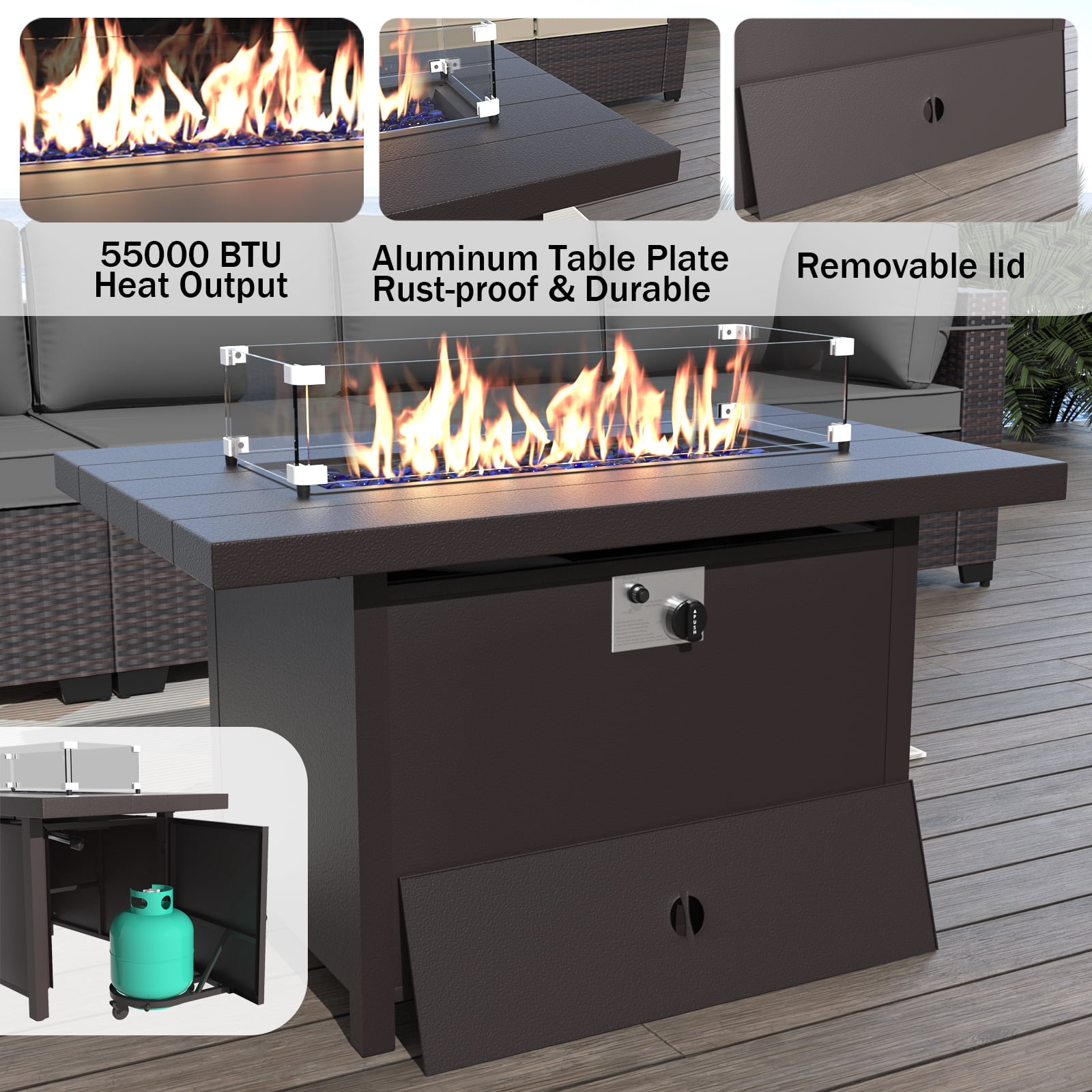 ALAULM 8 Pcs Patio Furniture Set withStainless Steel Gas Fire Pit Table, Brown/Gray