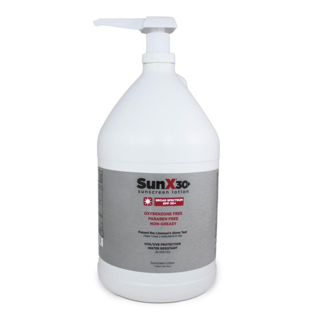 CoreTex Sun X 30+ SPF Loción de protección solar de amplio espectro – Jarra de 1 galón y botella de bomba de parabeno oxibenzona octinoxato y protector solar sin aceite – Sin yeso blanco y resistente