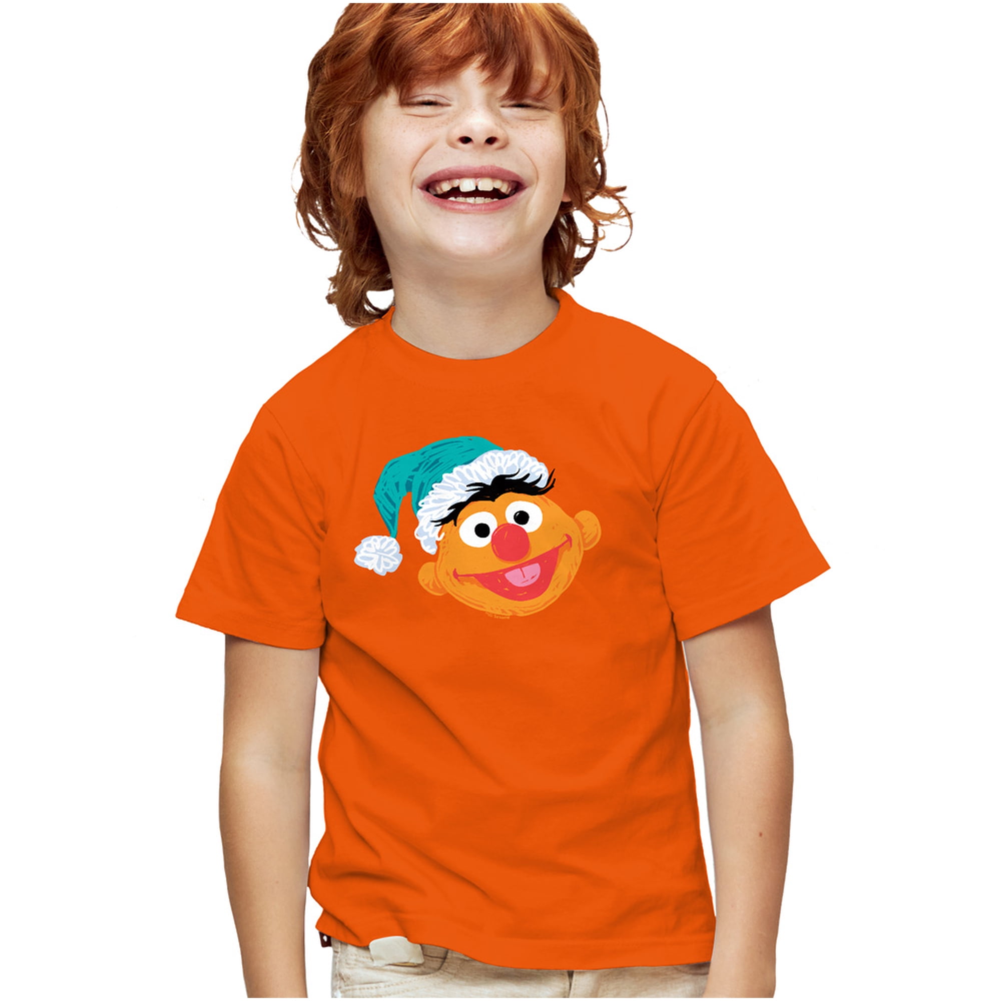 Sesame Street Scribble Christmas Ernie Kids T Shirt for Youth Boys and Girls, Orange, Small