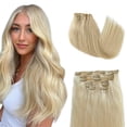 thumbnail image 1 of Extensiones de cabello con clip, cabello humano real, rubio, extensiones con clip para mujeres, 22 pulgadas, liso fino, #60, rubio platino, extensiones de cabello humano, 70G, 7 piezas, cabello Remy r, 1 of 5