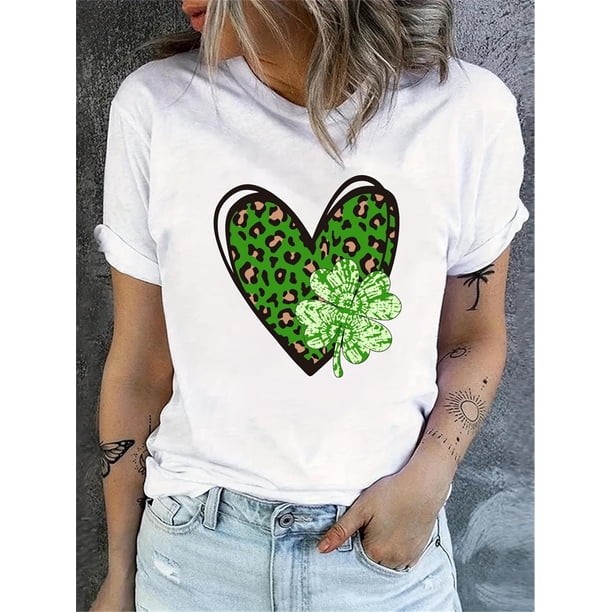 Camiseta De Mujer Ligera Y Suave VeranoLadies Fashion Love, Lucky Four-leaf Clover Print Short-sleeved Round Neck T-shirtFather's Day, MothCamisetas de verano para mujer, manga corta, cuello redondo