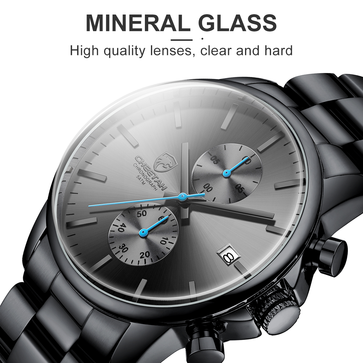 CHEETAH Fashion Business Mens Watches with Stainless Steel Waterproof Chronograph Quartz Watch for Men,Auto Date,Black&Blue