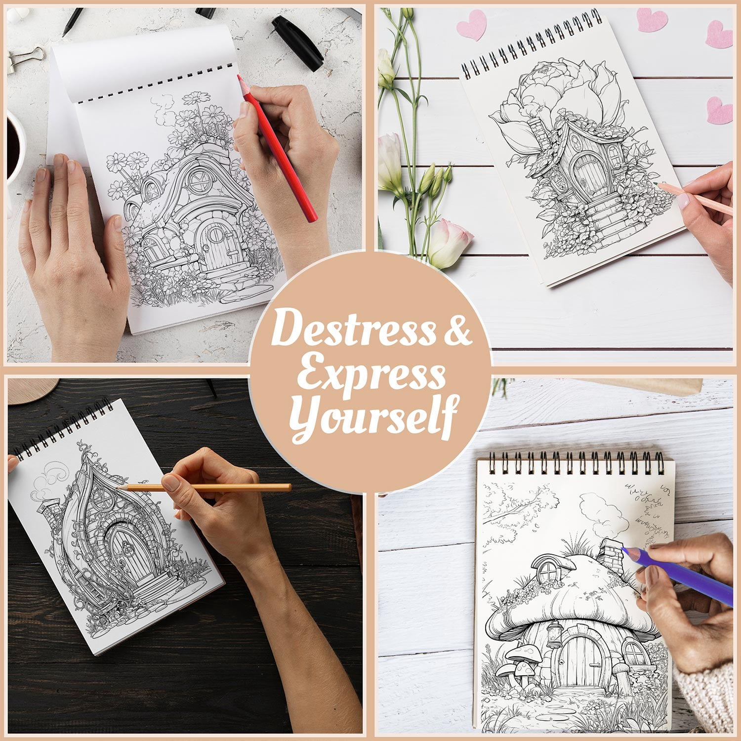 Netecom Flower Fairy House Coloring Book for Adults, A5 Wooden Cover, Spiral Bound Edition, 30 Delightful Coloring Pages of Fairy Garden for Stress Relief and Relaxation