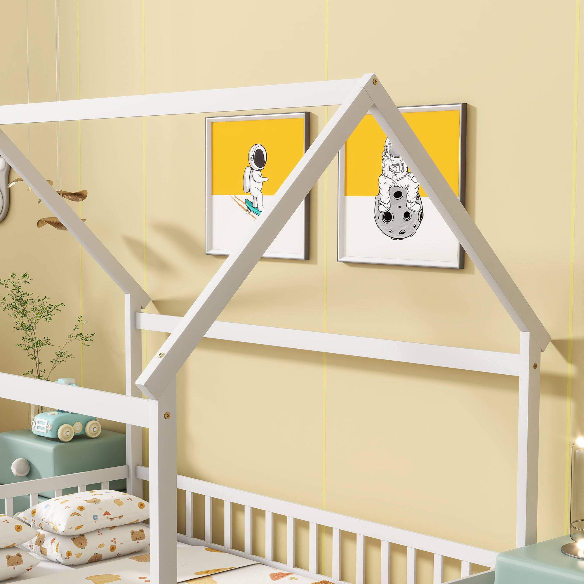 Alvantor Full Size Floor House Bed for Toddler, Solid Wood Bed Frame with Guardrails White