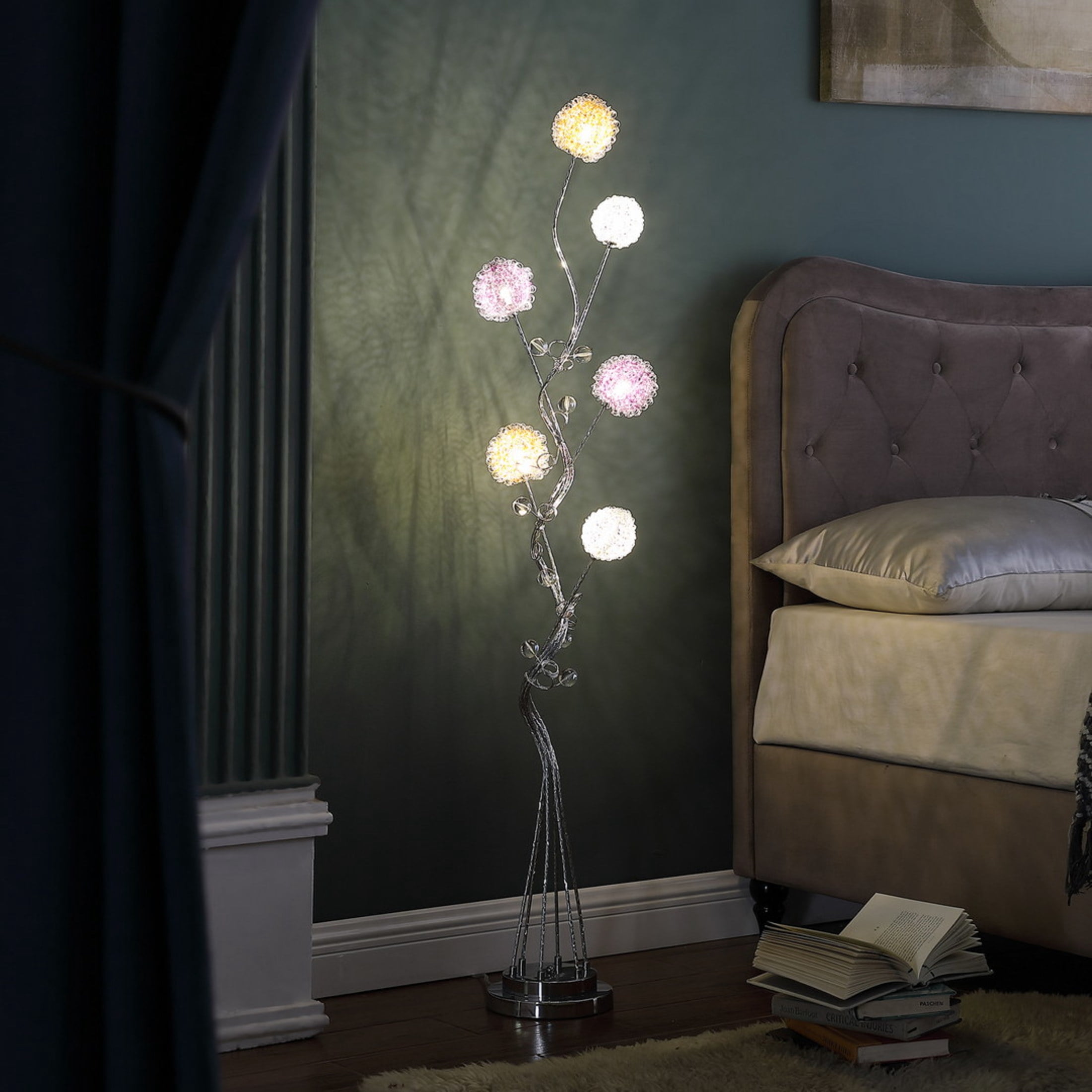 Noble House 58.5" Zeus 6-Light LED Floor Lamp, Aluminum Wire Bun Shades, Chrome Base, G4 Bulbs Included, Silver