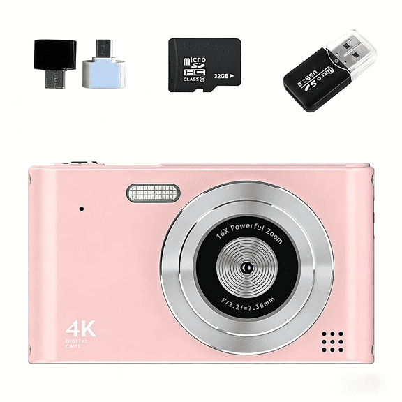Avoben digital camera, FHD 1080P digital point-and-shoot camera, 16x optical zoom, image stabilization, 32GB memory card, compact and portable, suitable for boys, girls and children, pink.