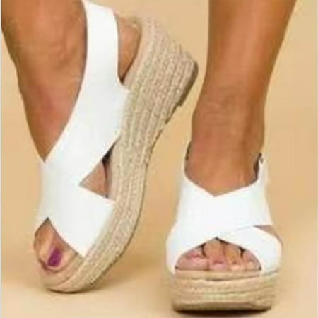 

Women s Large-size Platform Pancake Roman Round Toe Buckle Retro Wedge Sandals
