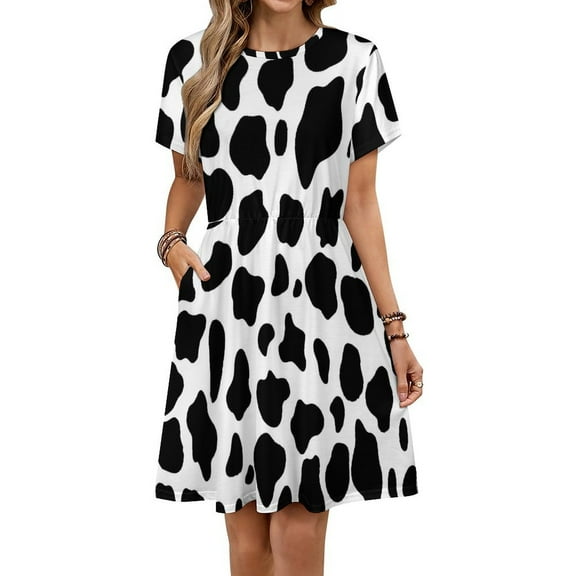 Black And White Cow Print Dress Summer Street Style Dresses Female Short Sleeve Printed Sundress