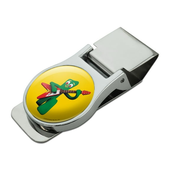Gumby Playing Guitar Rock and Roll Satin Chrome Plated Metal Money Clip