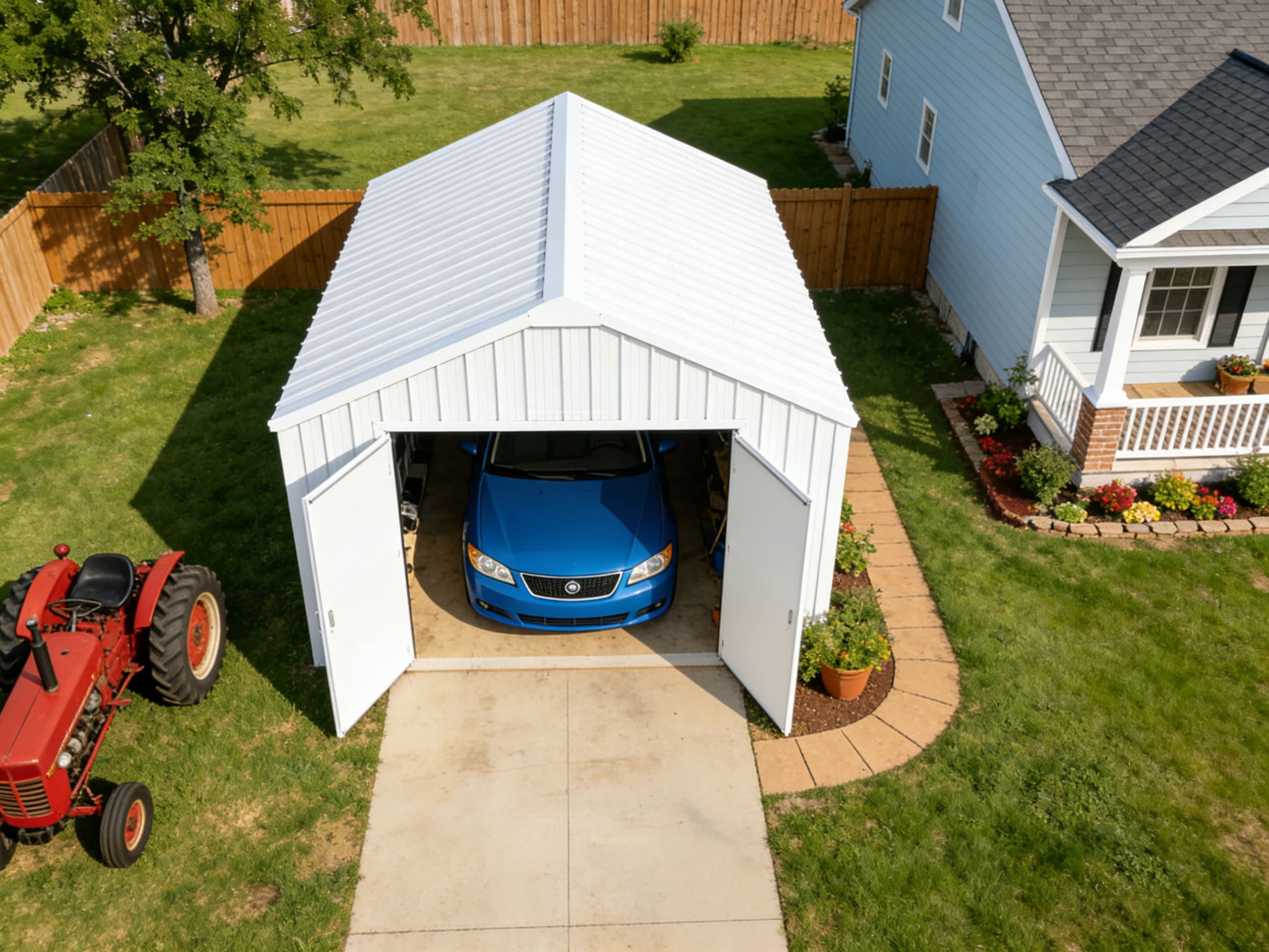 Chery Industrial 12FT x 20FT Single Garage Metal Shed – Heavy-Duty Double Door Outdoor Storage Unit for Vehicles, Tools & Equipment