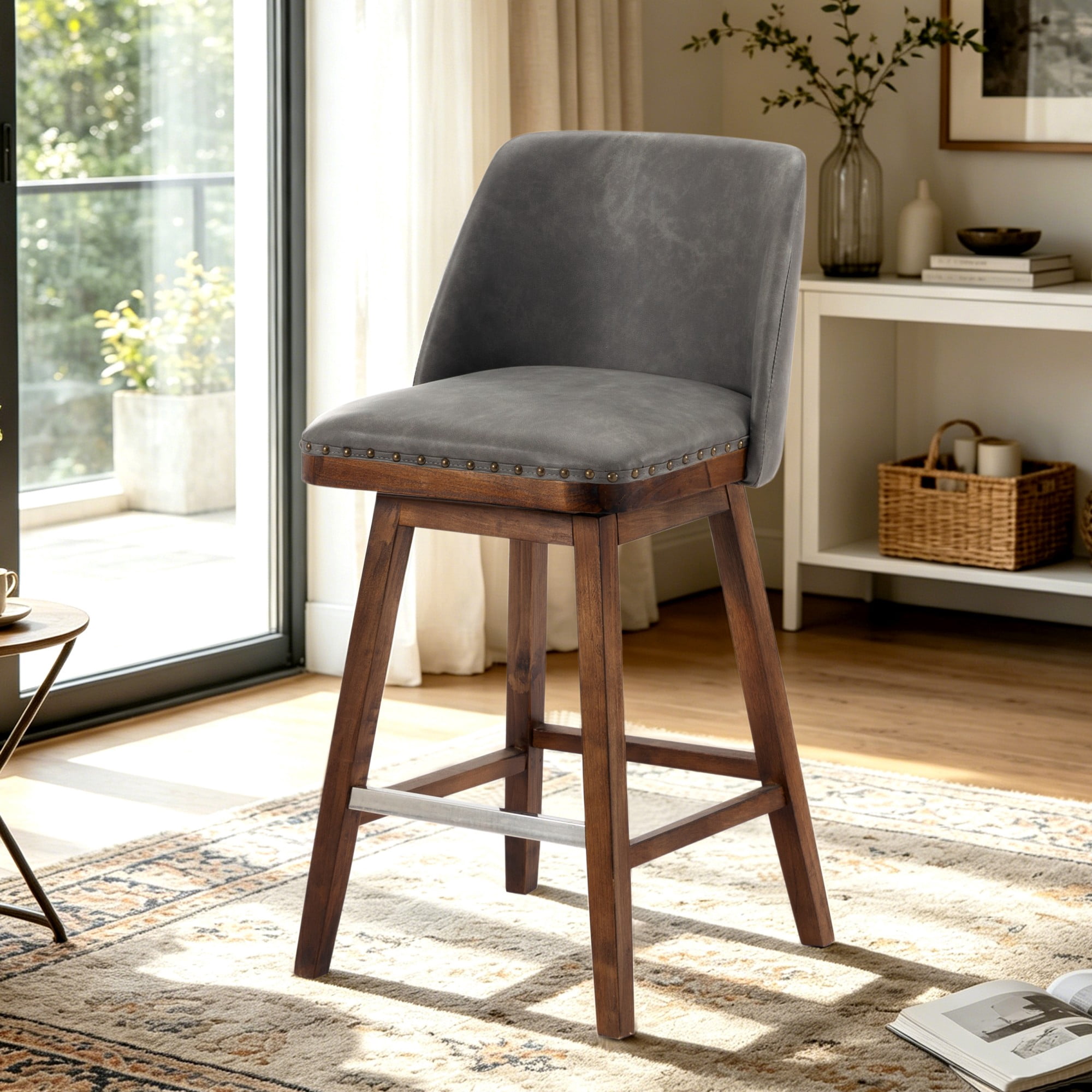 BSHTI 18.9" PU Swivel Barstool with Back Support, Foam Seat, Wood Frame, Footrest for Dining Rooms（Grey）