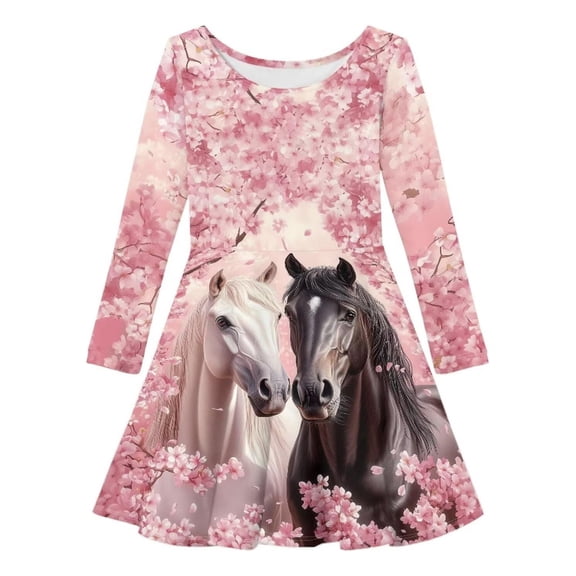 Shinyii Girls Casual Long Sleeve Dress Horse Print Flowy A Line Midi Dress, Sizes 4-13