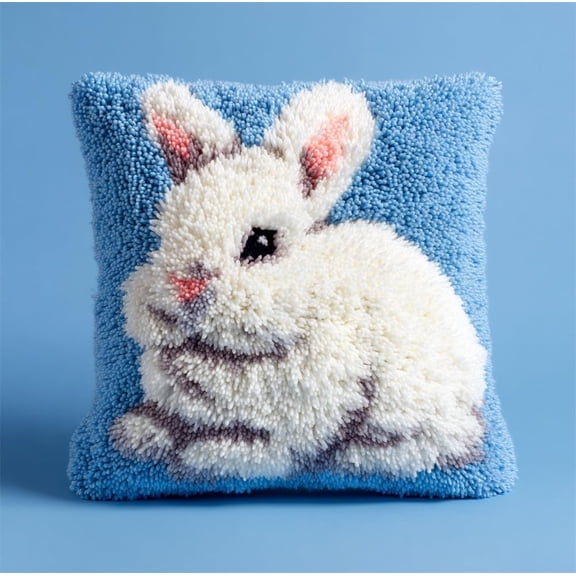 Diy Latch Hook Pillow Kitslittle White Rabbit 17X17Inch Patterns Pre-Printed Canvas Pillow Making Set, Beginner Cushion Cover Latch Hook Kit, Creative Craft For Family Fun Home Decor