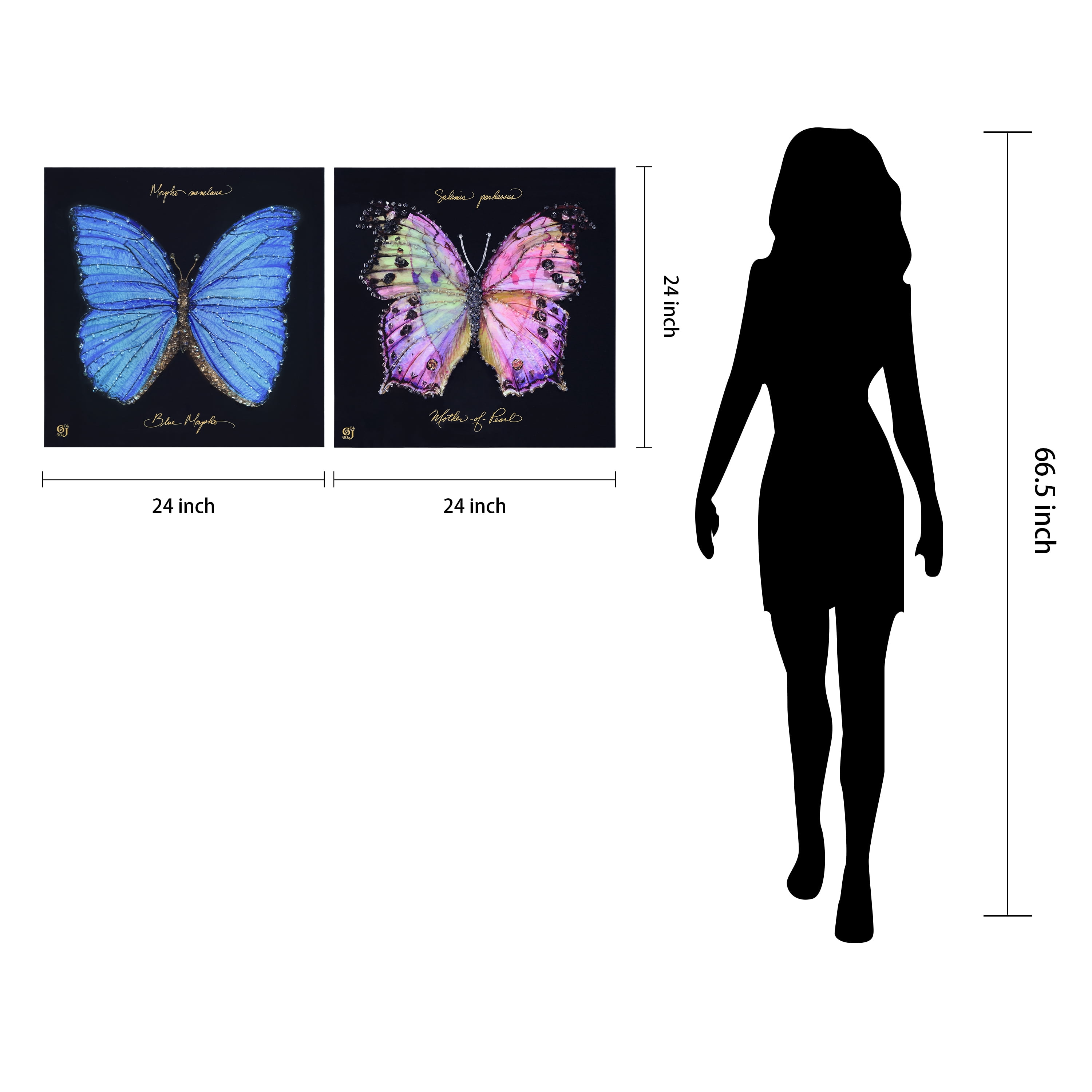 "Monarch Elegance Set" Crystallus Epoxy Coated Wrapped Glossy Butterfly Canvas Wall Art with Heavy Acrylic Crystal Shards Embellishments, Gold Foil Accents