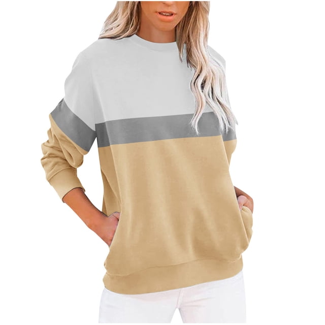 Meichang Sweatshirts pour Femmes Manches Longues Col Rond Décontracté Pull Mode Bloc de Couleur Sweatshirts Confortables Automne Pull avec Poche