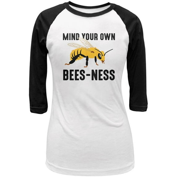 Honey Bee Mind Your Own Bees-ness Business Juniors 3/4 Sleeve Raglan T Shirt White-Black LG