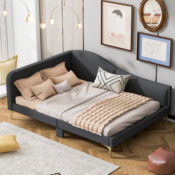 Full Size Upholstered Daybed with Headboard and Armrest, Fabric, Grey, Modern, for Bedroom
