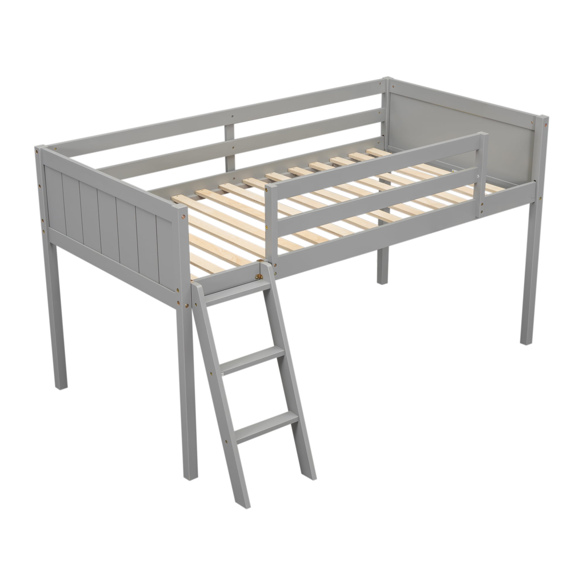 Euroco Wood Loft Bed with Ladder, Twin Size Low Loft Bed for Kids Teens, Gray