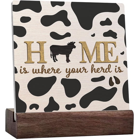 Ceramic Sign 4x4 Inch Home Is Where Your Herd Is Cow Print Desk Sign Rustic Farmhouse Style Plaque Sign with Wood Stand For Country Home Kitchen Barn House Desk Shelf Decoration Gifts Farm House Gifts