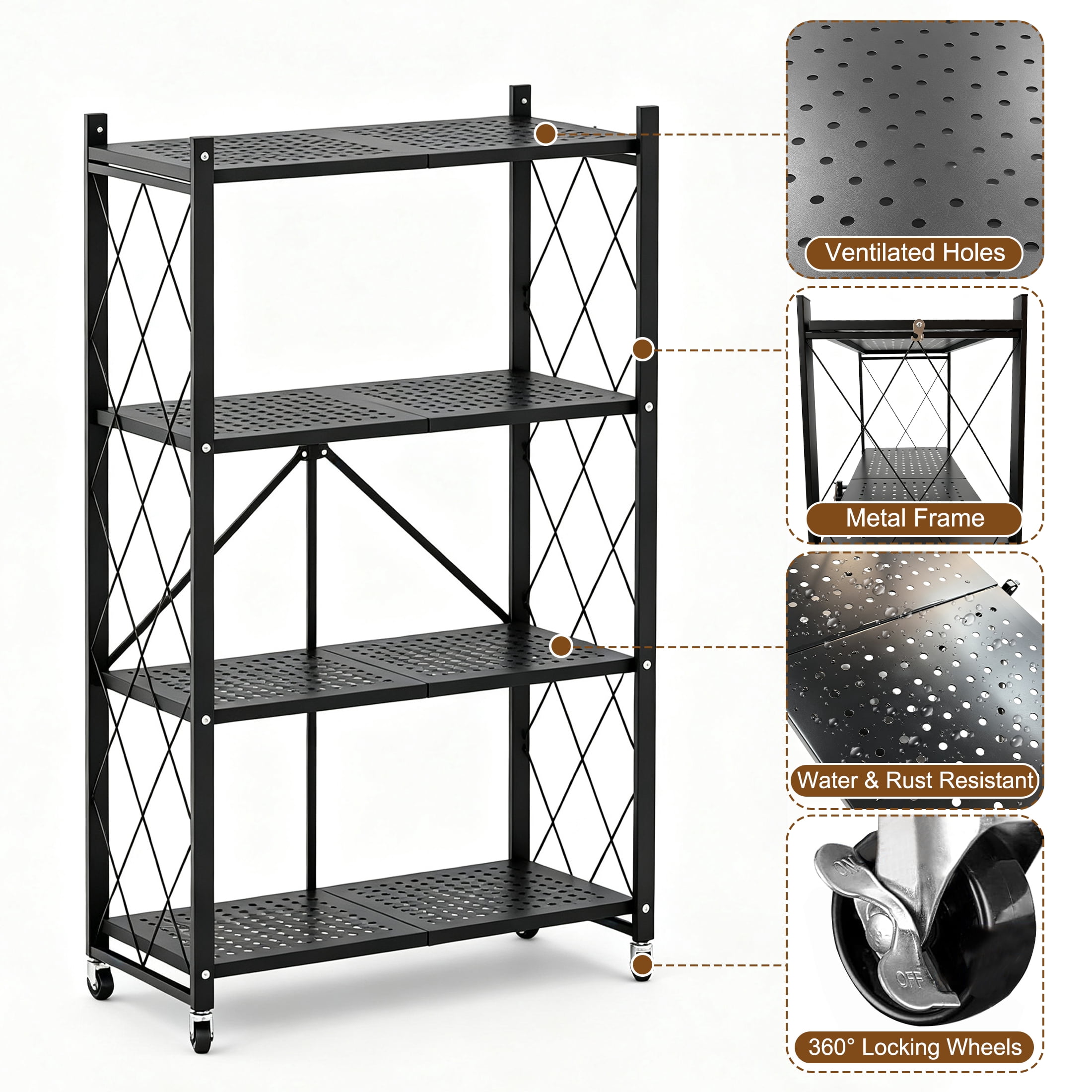 GARITIN Storage Shelves, 4 Tier Foldable Rolling Storage Rack with Wheels, No Assembly Metal Organizer Shelf for Garage, Kitchen, Basement, Pantry, Black