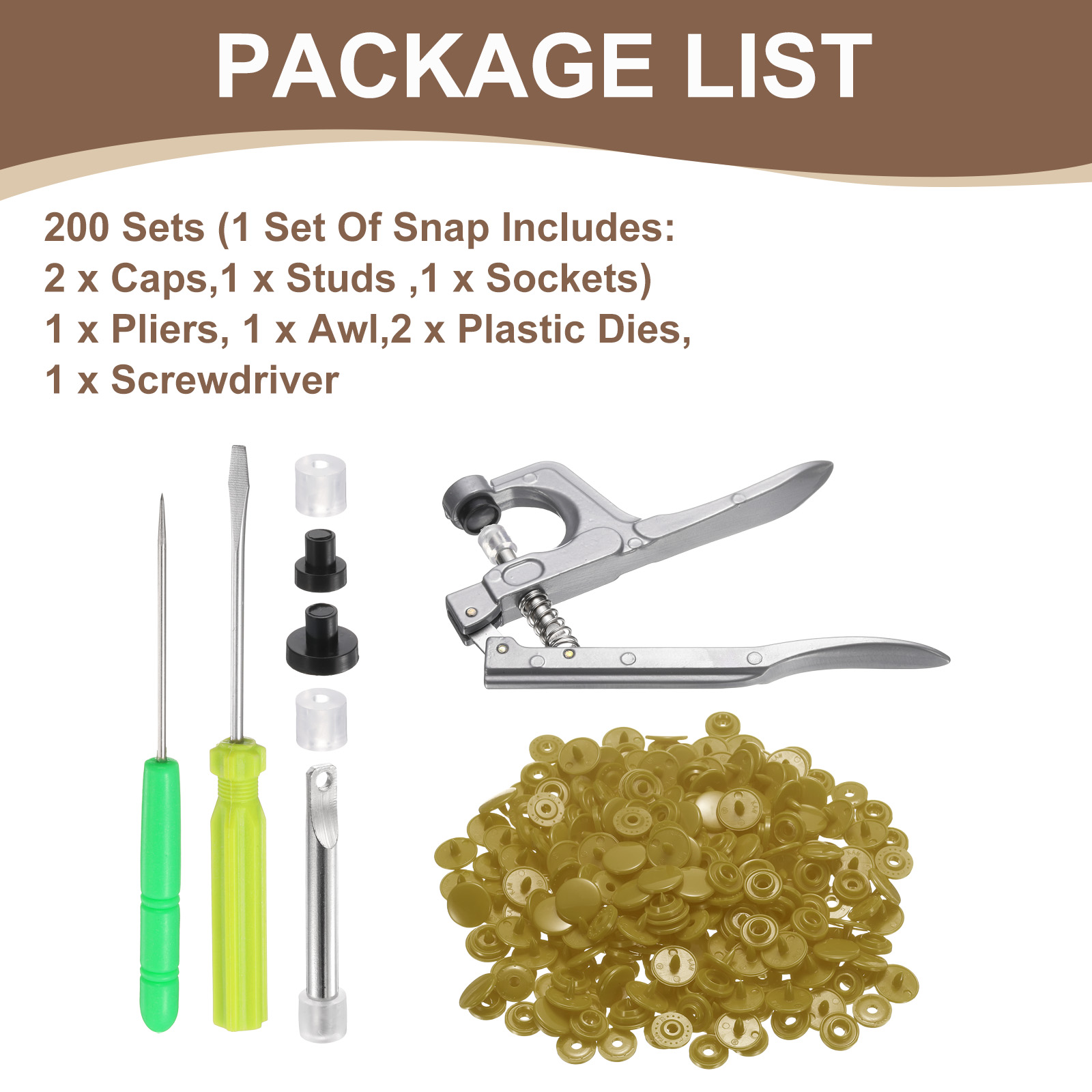 Uxcell Plastic Snaps Fasteners with Snap Pliers, 200 Set T3 Round Resin No-Sew Button Snap Fasteners Kit Coffee