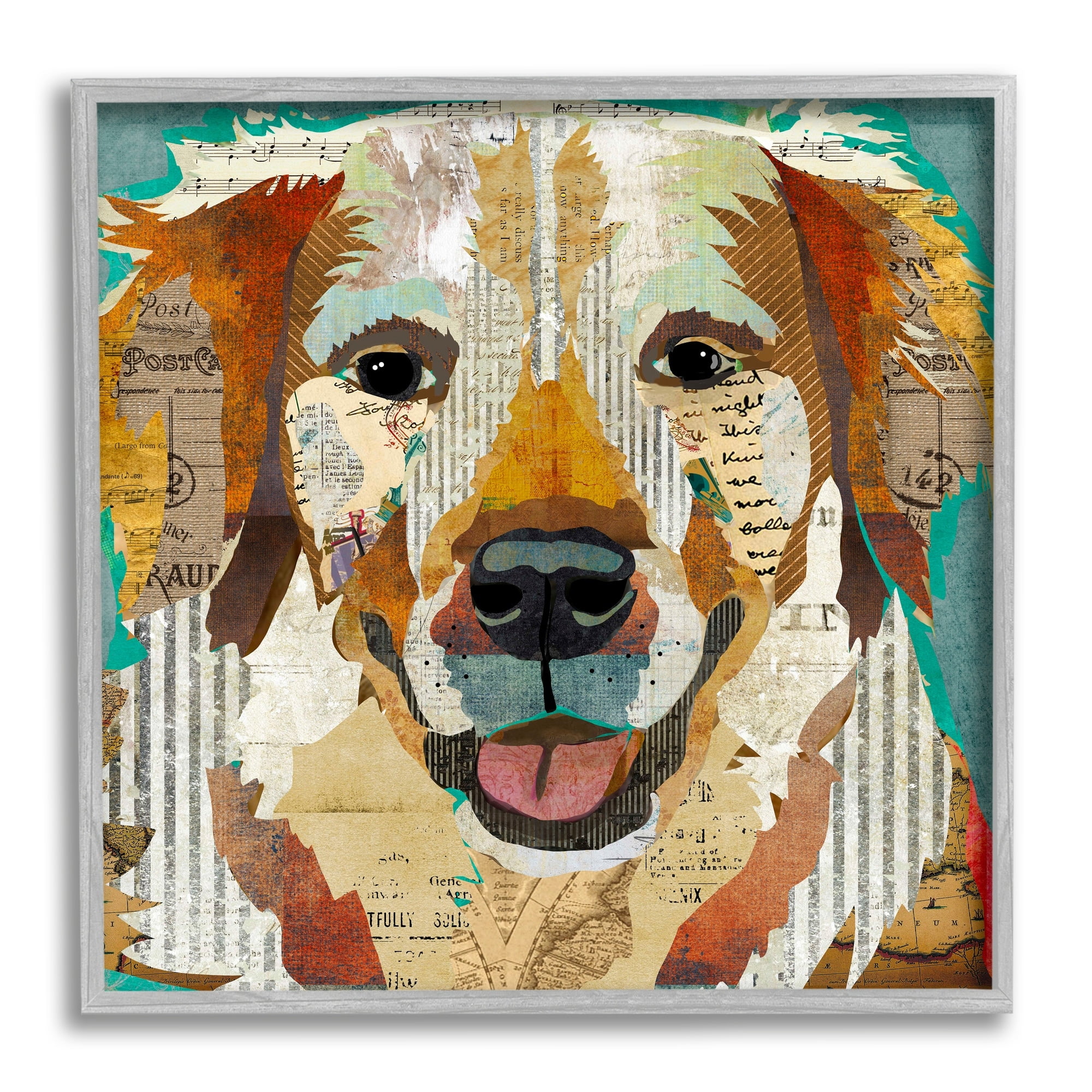 Stupell Industries Layered Dog Animal Portrait Ephemera Patchwork Collage Graphic Art Gray Framed Art Print Wall Art, Design by Traci Anderson