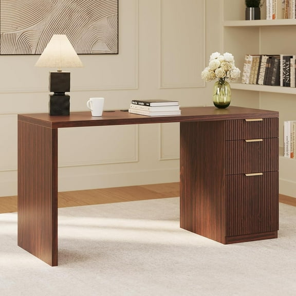 SELOOYE 58" Modern Executive Desk with Storage, Home Office Desk with Drawer & Cabinet, Wooden Fluted Desk for Study, Living Room, Bedroom, Dark Walnut