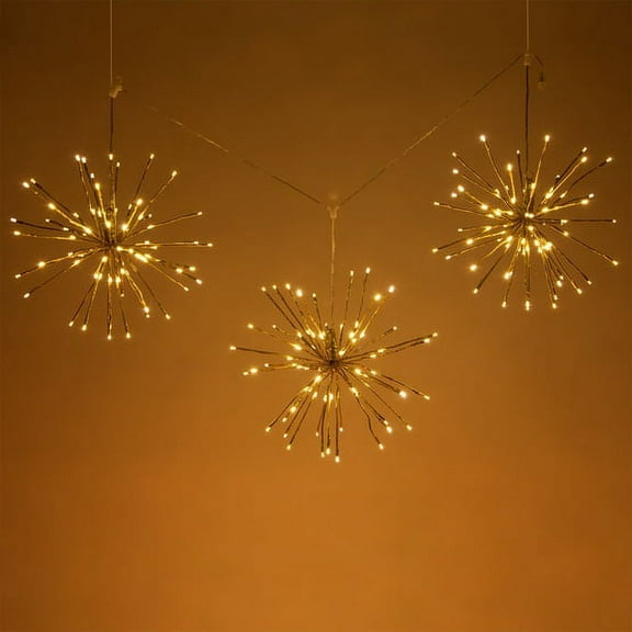 Wintergreen Lighting LED Starburst 5mm Light Balls, Christmas Light Balls, 15in Gold Branches/Warm White Twinkle Lights, Set of 3