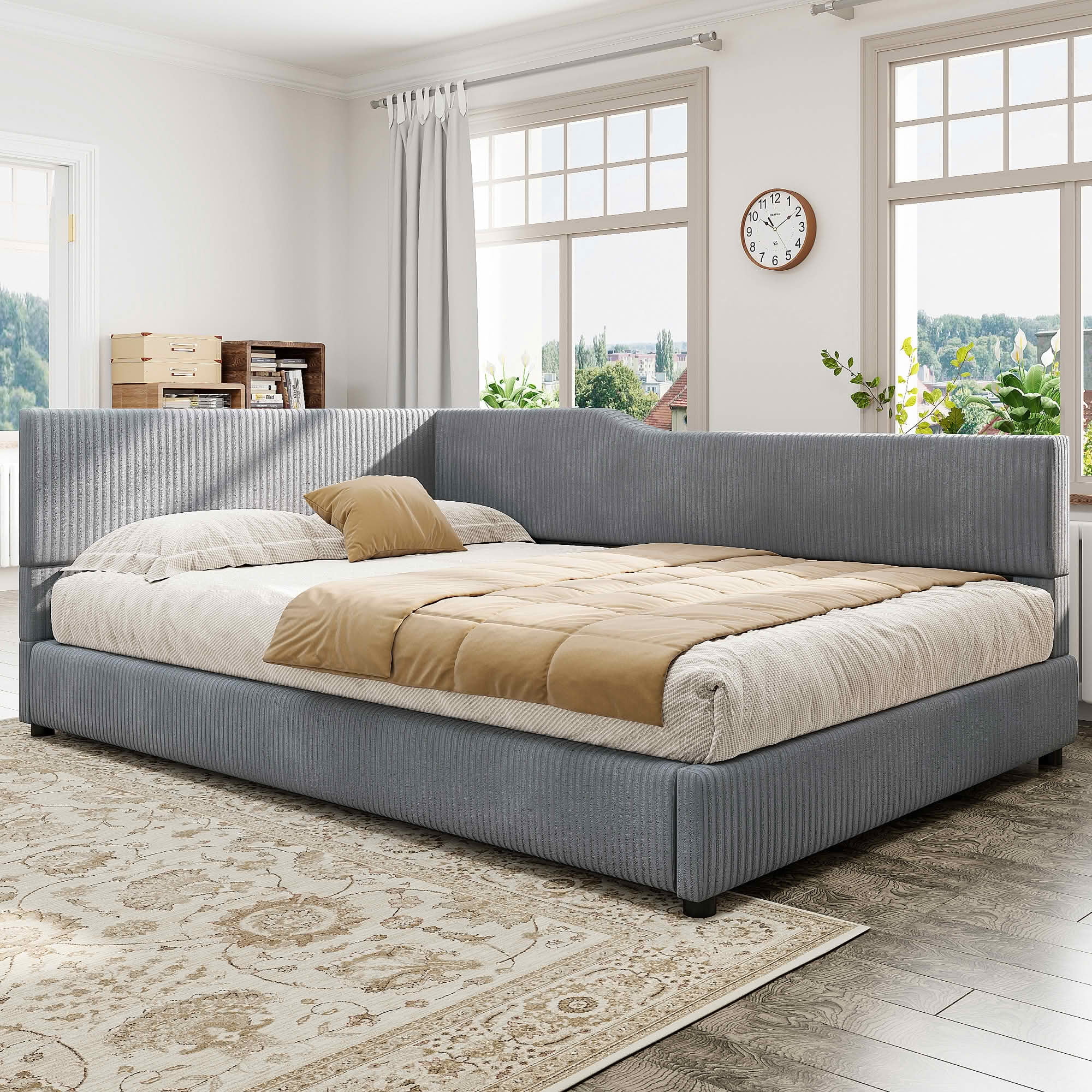 MAYEERTY L-Shaped Corduroy Upholstered Daybed with Sturdy Frame, Spacious Versatile Design