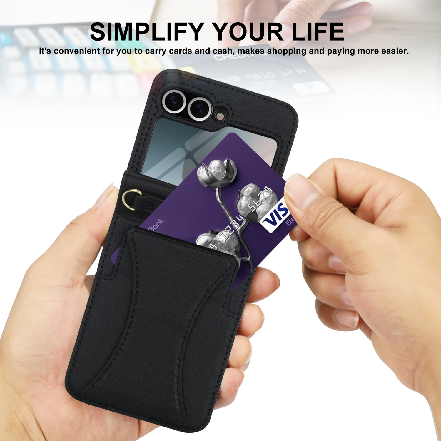 Crossbody For Samsung Galaxy Z Flip 7 Wallet Case with Hidden Kickstand, Credit Card Holder for Samsung Galaxy Z Flip 7 Case Built-in Screen Protector, Shoulder Strap & Lanyard Phone Case,Black