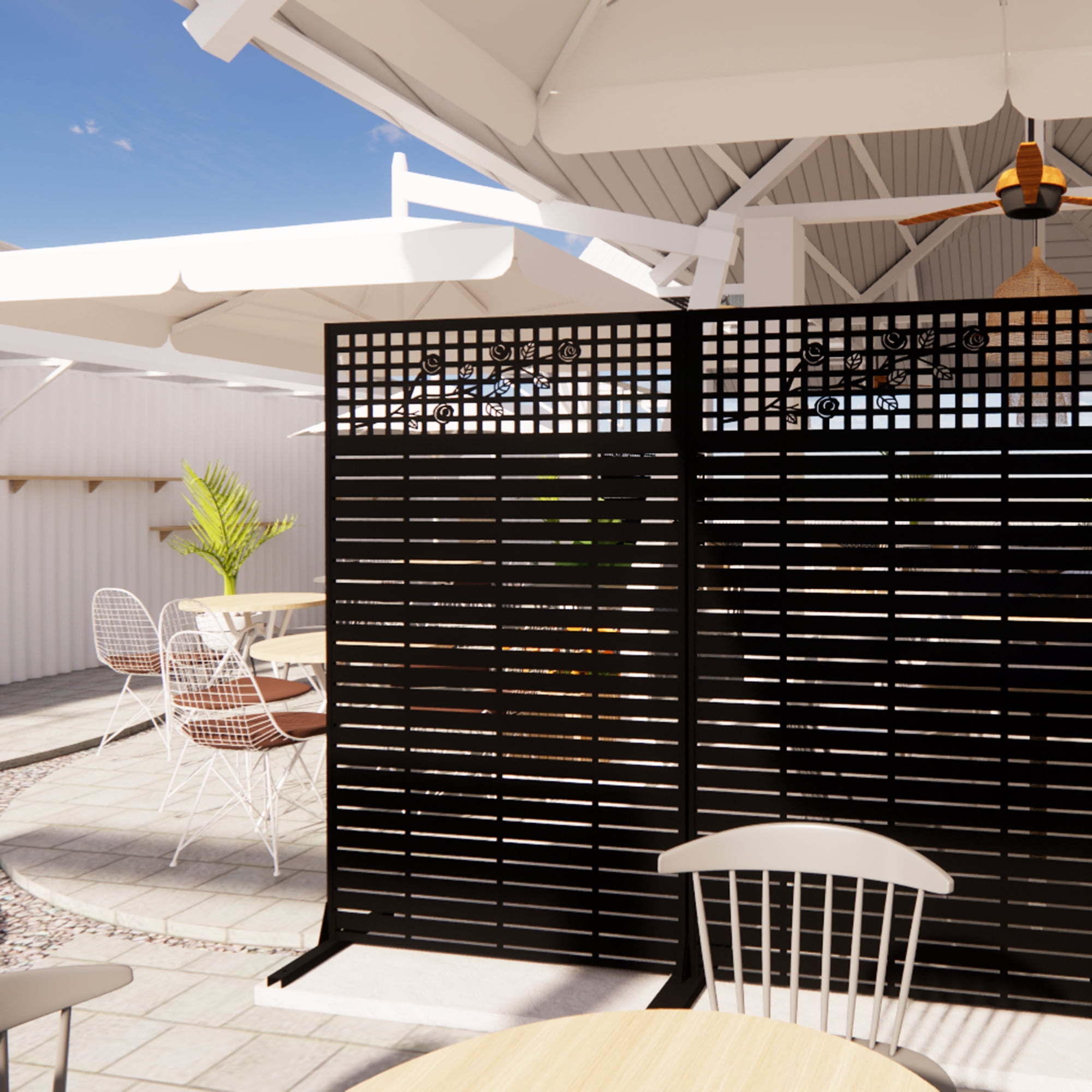 Mintazer 72" H Metal Privacy Screen with Rose Pattern, Outdoor Patio Privacy Fence Room Divider, Black