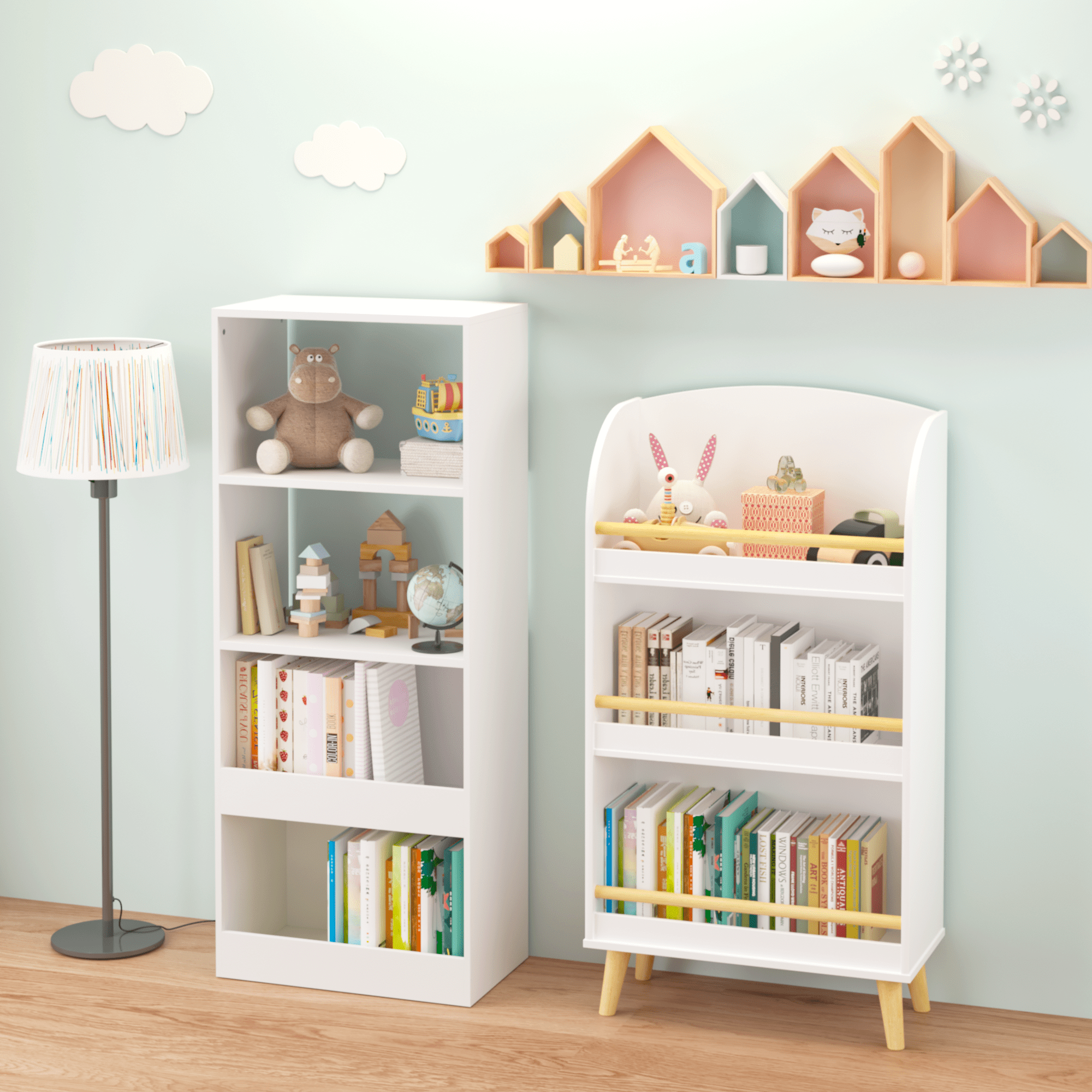 3-Tier Kids Bookshelf - White Bookcase & Toy Storage Organizer for Nursery, Playroom, MDF with Wood Legs, 19.68" W x 9.44" D x 37.4" H