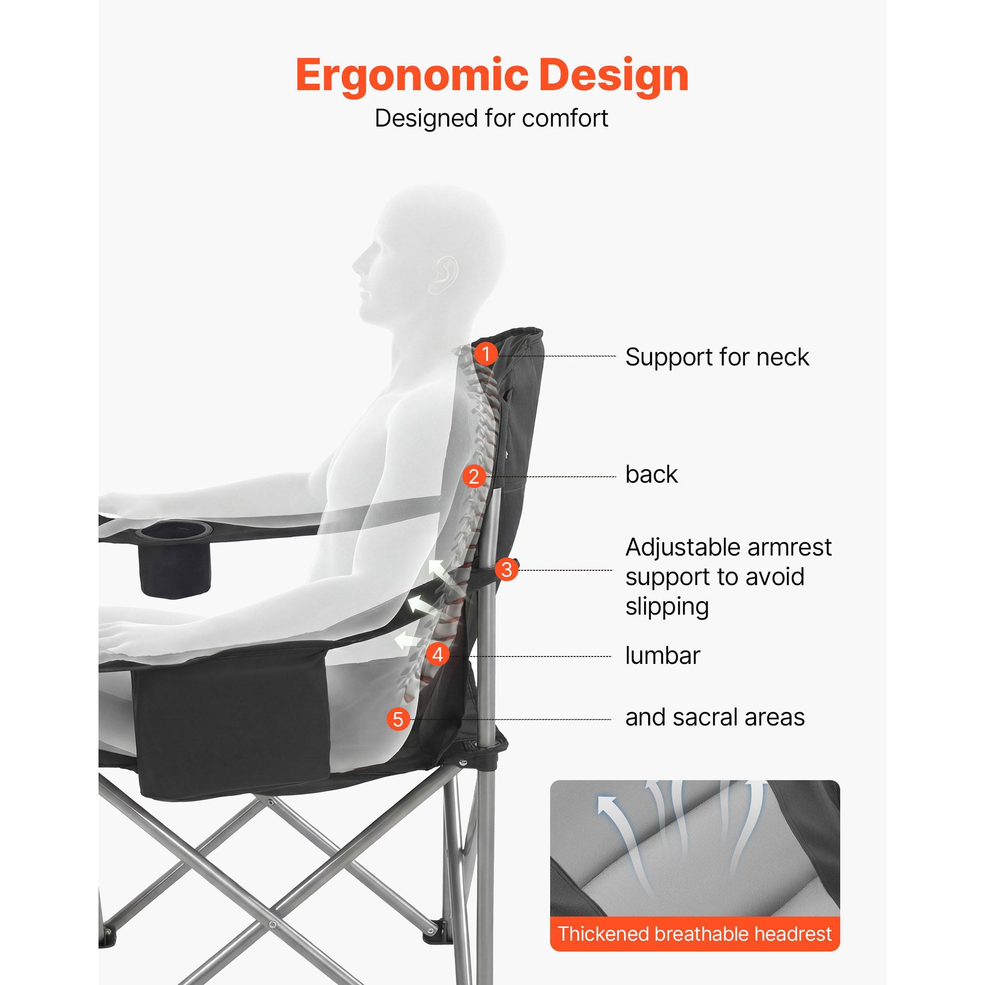 Oversized Camping Chairs, 450 lbs Heavy Duty Support, Portable Folding Camp Chairs with Padded Backrest & Armrests, Cup Holder & Side Pocket, Cooler Bag, Carry Bags for Outdoor, Fishing, 2 Pack