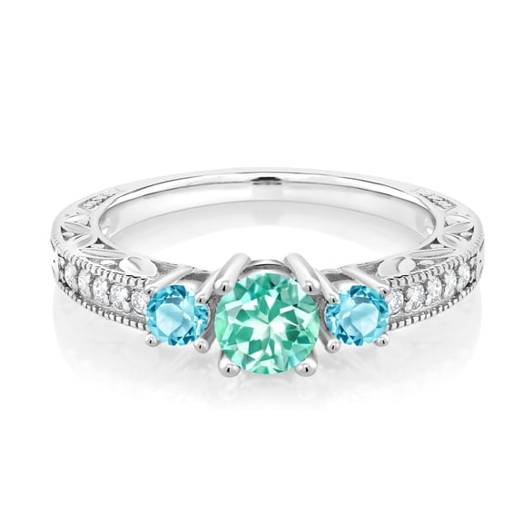 Gem Stone King 0.93 Ct Blue Apatite Swiss Blue Topaz 925 Sterling Silver 3-Stone Engagement Ring (Size 6)