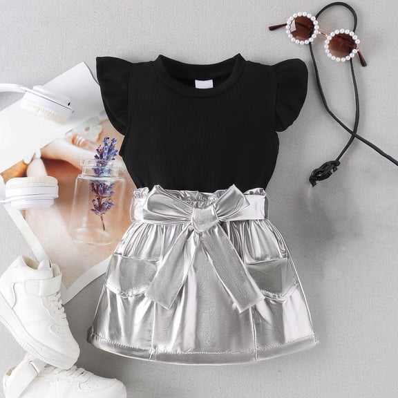 Girls' Long Sleeve Top and Short Skirt Set with Belt, Solid Color with Flutter Sleeves and Round Neck