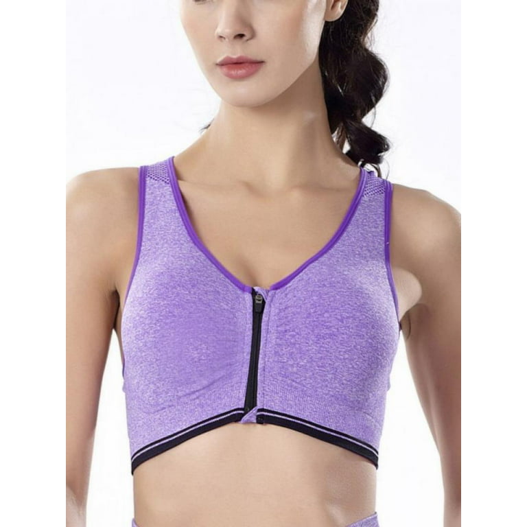 Sonbest Women's Front Zipper Sports Breathable Wirefree Padded Push Up  Sports Top Fitness Gym Yoga Workout Bra Sports Bra Tops Purple L 