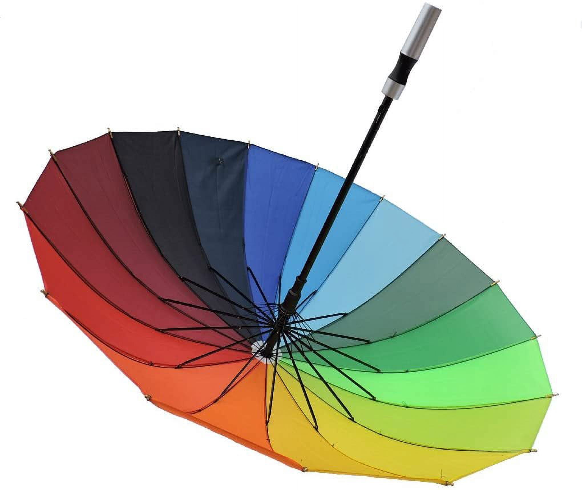 Rain Sun UV Protection Umbrella Large Full Size 42 Inches Canopy Coverage Windproof Auto Open J- Shape Stick Rainbow