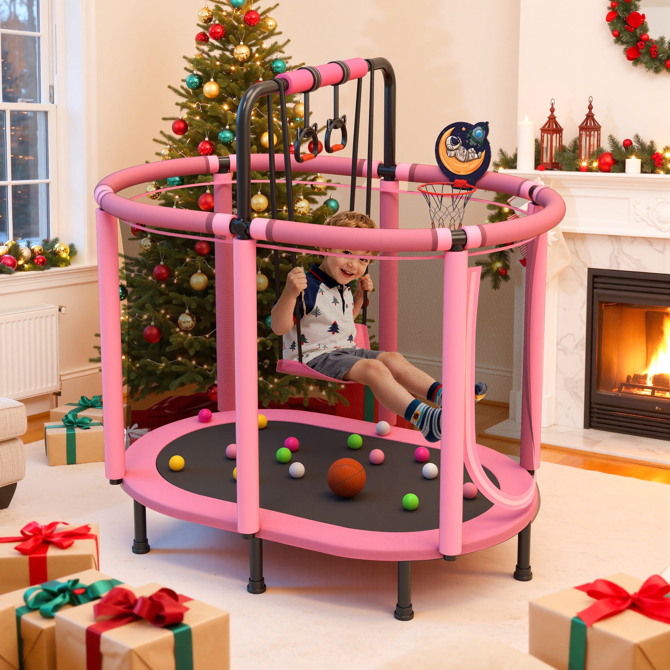 60" Toddler Trampoline with Safety Enclosure Net, SEGMART Upgraded Kids Trampoline with Basketball Hoop, Swing, Rings, Balls, Indoor Outdoor Mini Trampoline Birthday Gift for Kids Ages 3-9